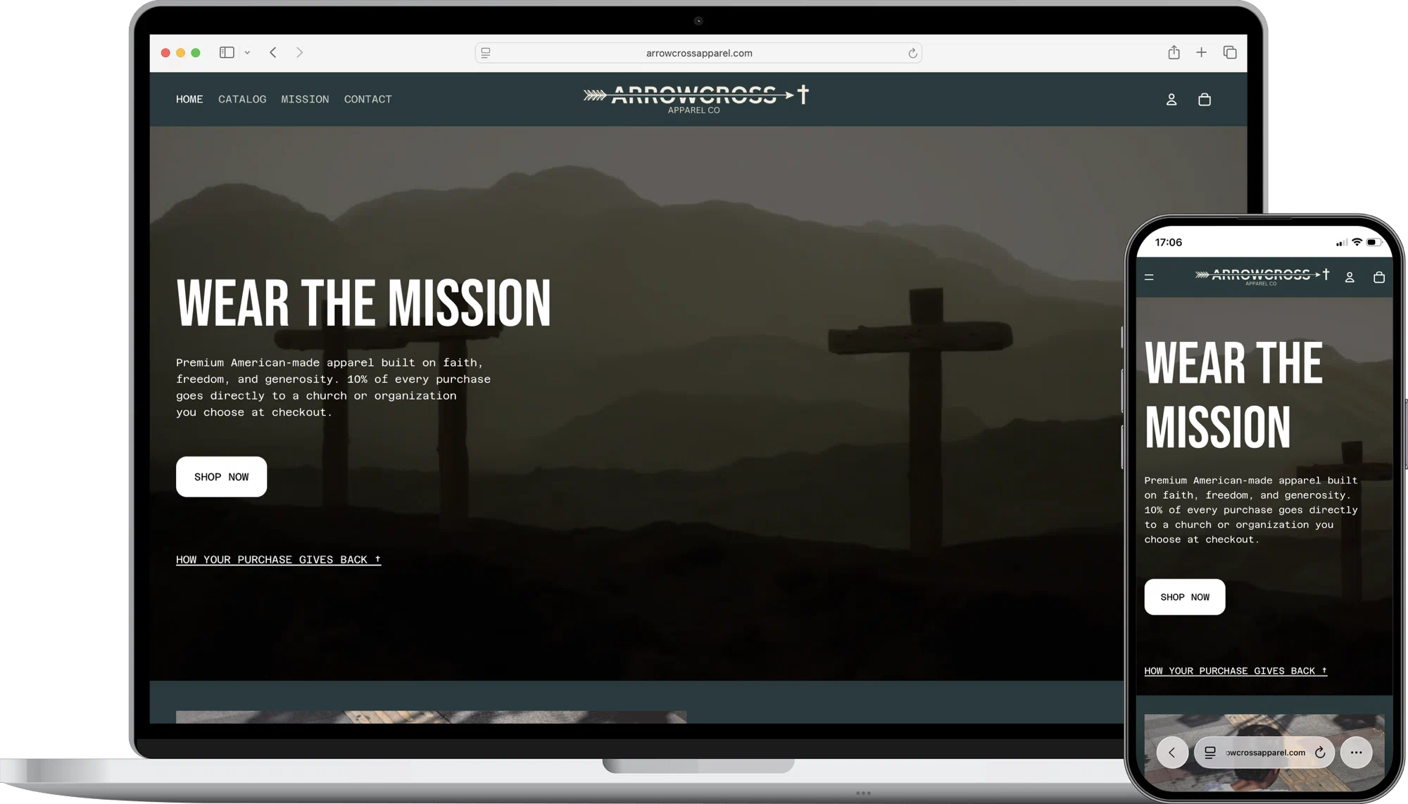 ArrowCross Apparel website mockup