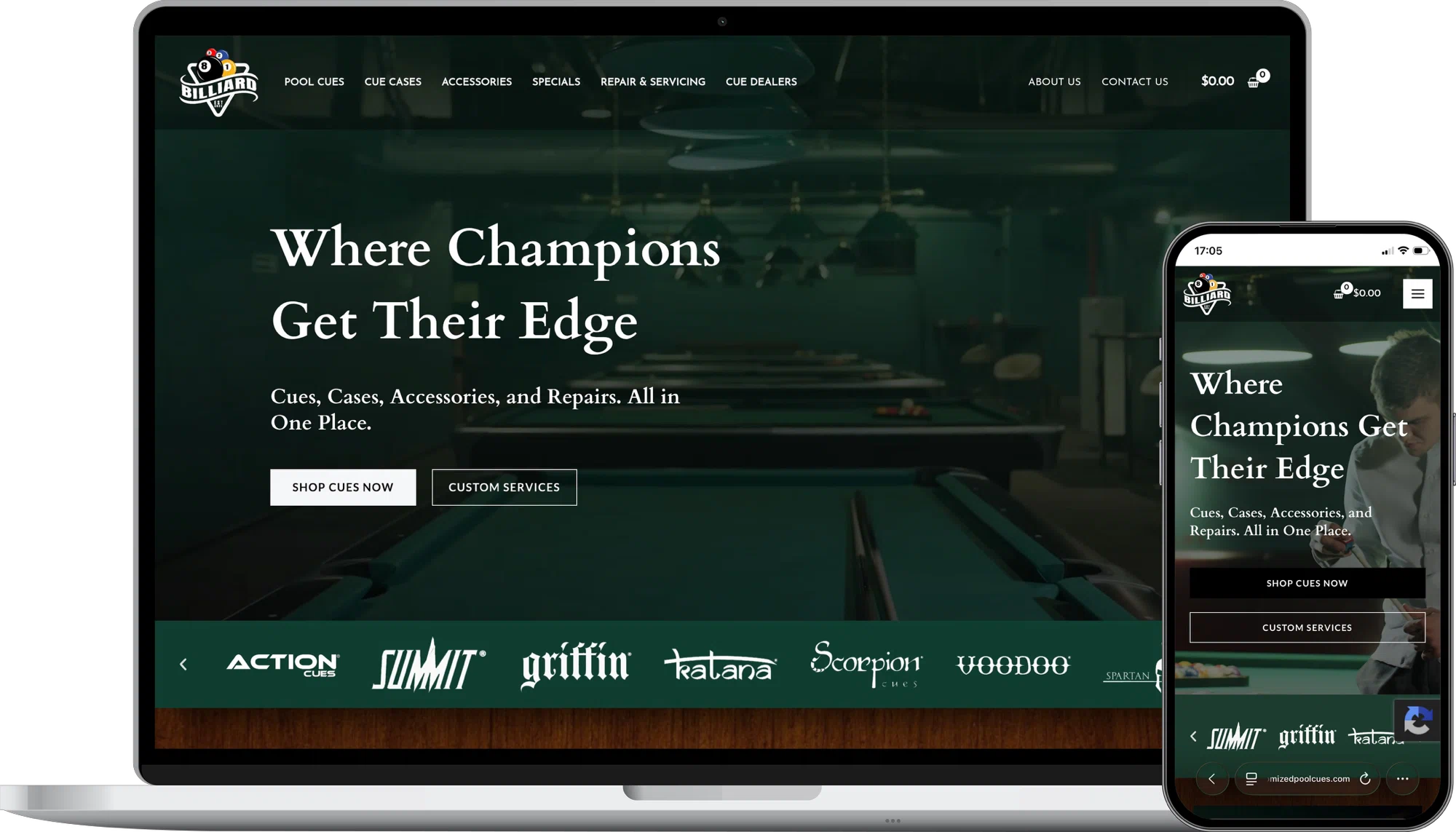 Customized Pool Cues website mockup